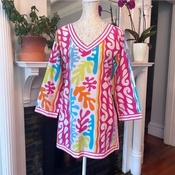 GRETCHEN SCOTT DESIGNS 100% Cotton Multi Color Leaf Print Split Neck Tunic Sz XS - Picture 3 of 12